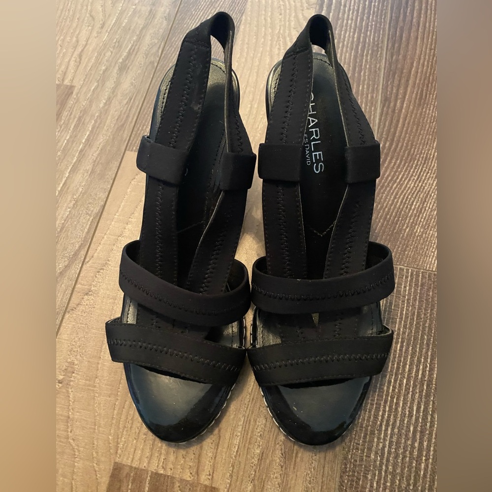Charles David Black Strappy Wedge Sandals